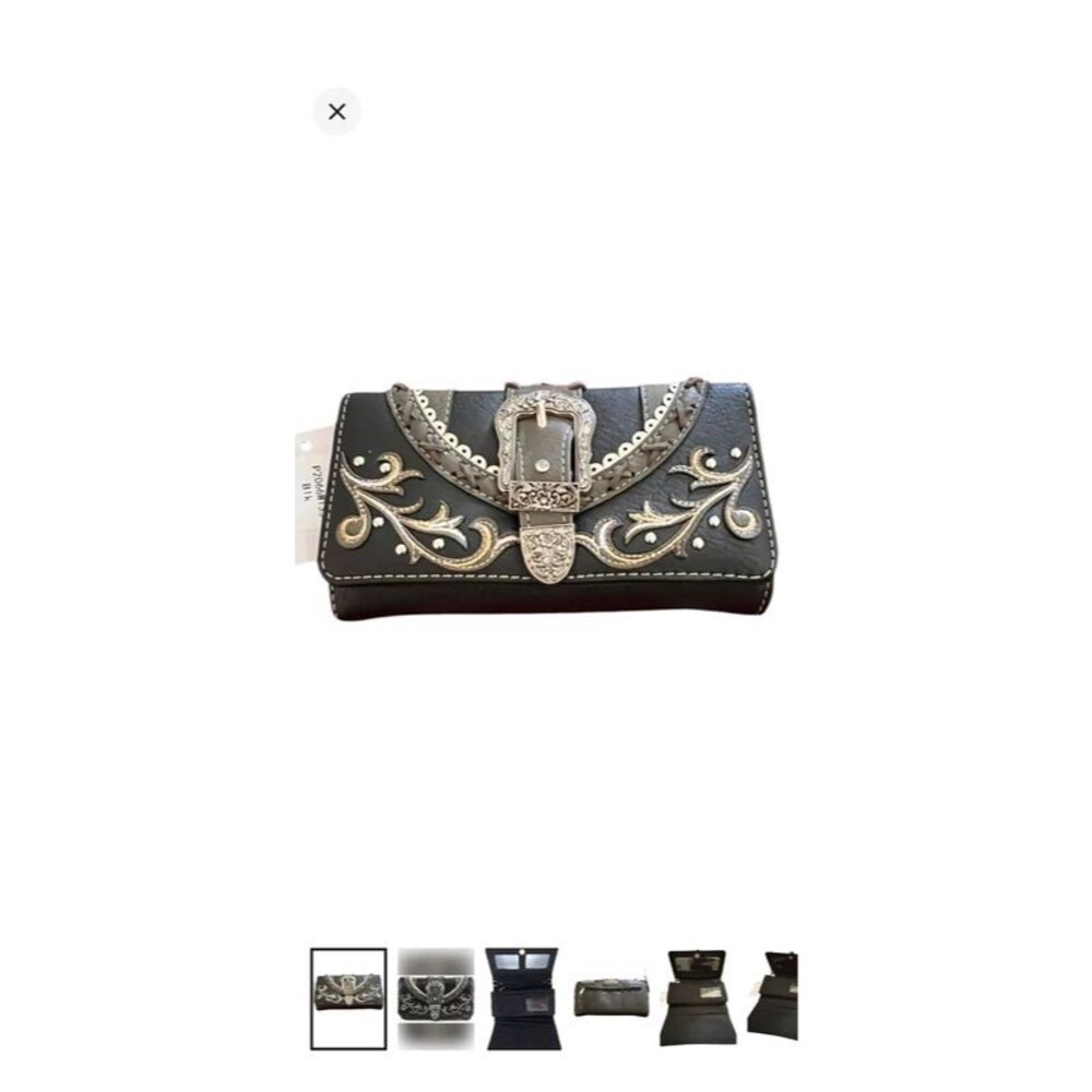 Zelris Western country floral buckle Crossbody trifold wallet black leather